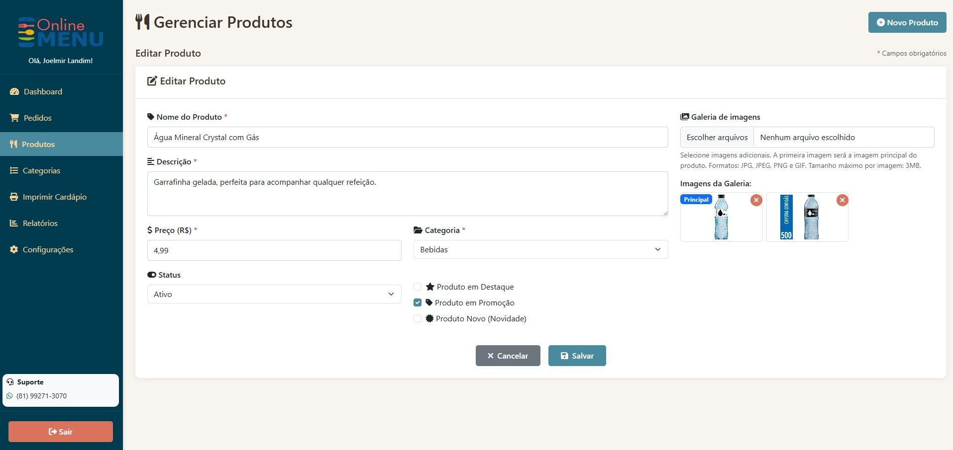 Painel admin — cadastro de produtos
