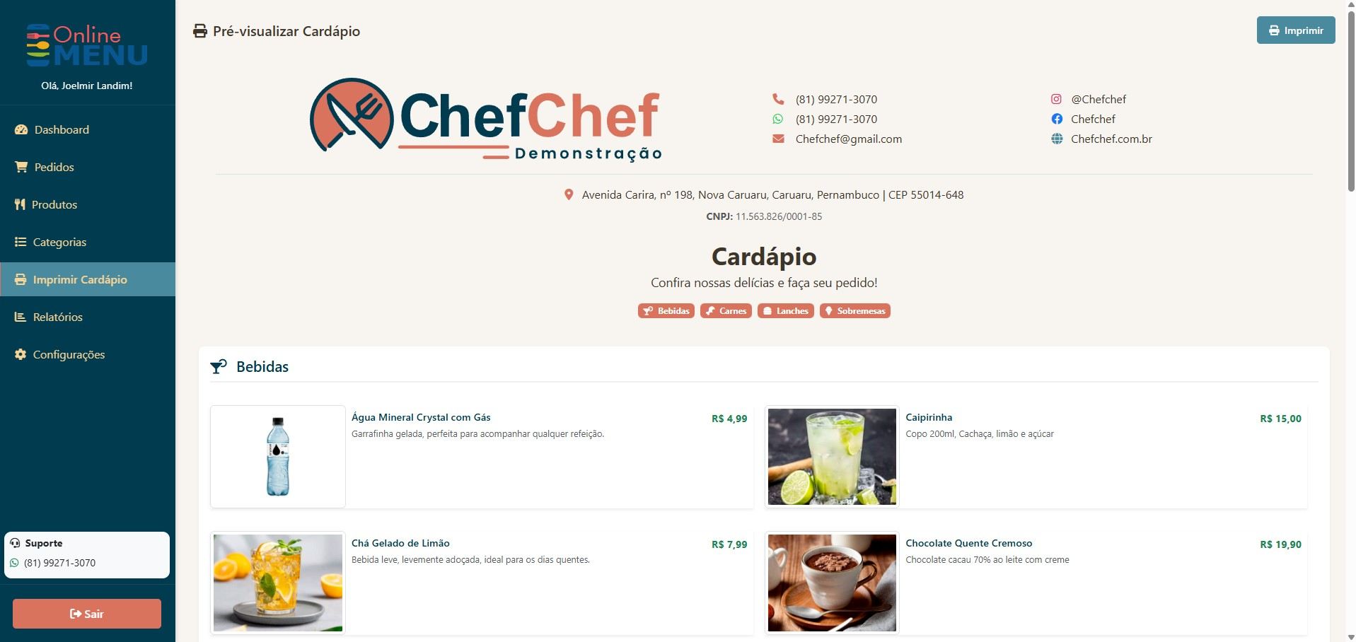 Painel admin — gerar cardápio