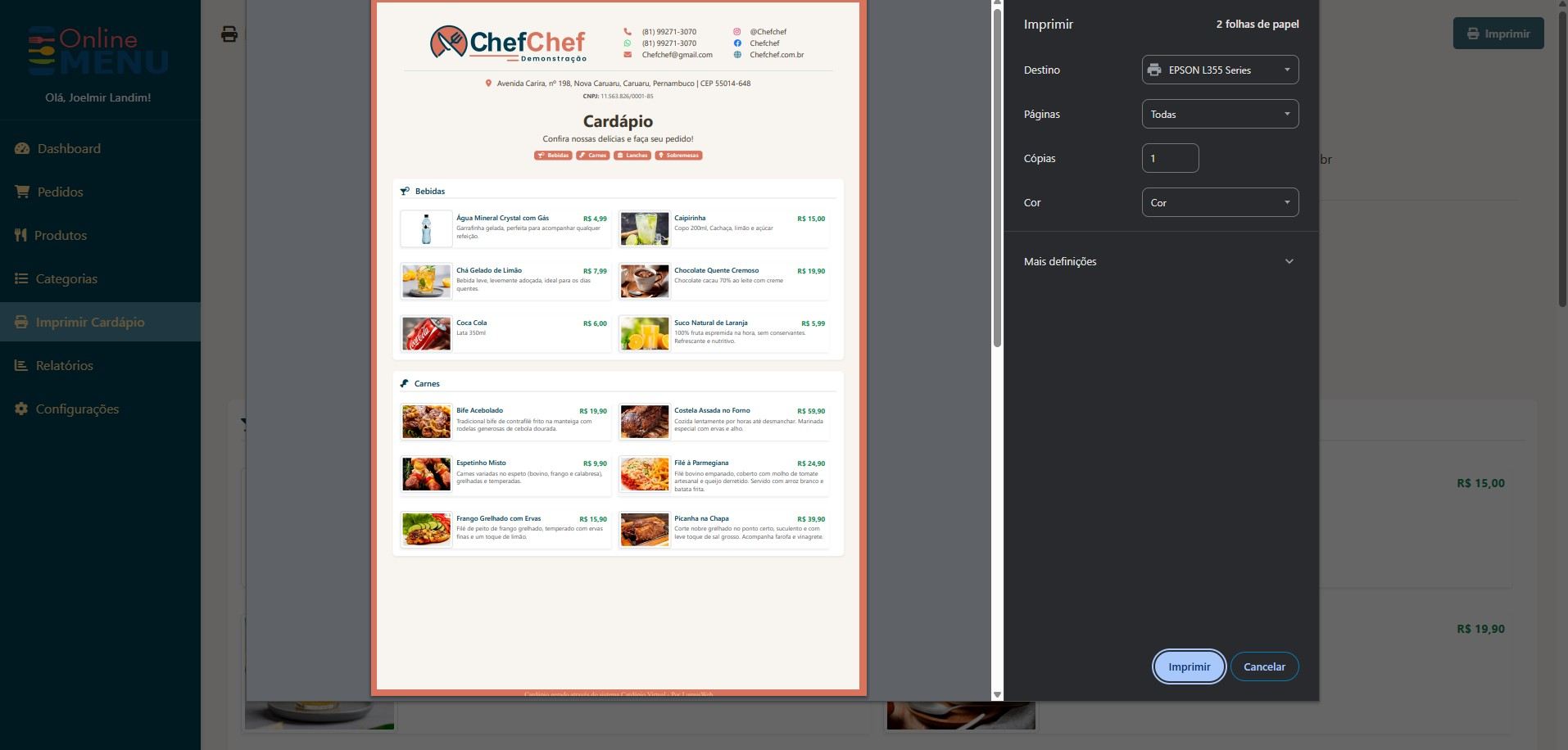 Painel admin — impressão do cardápio