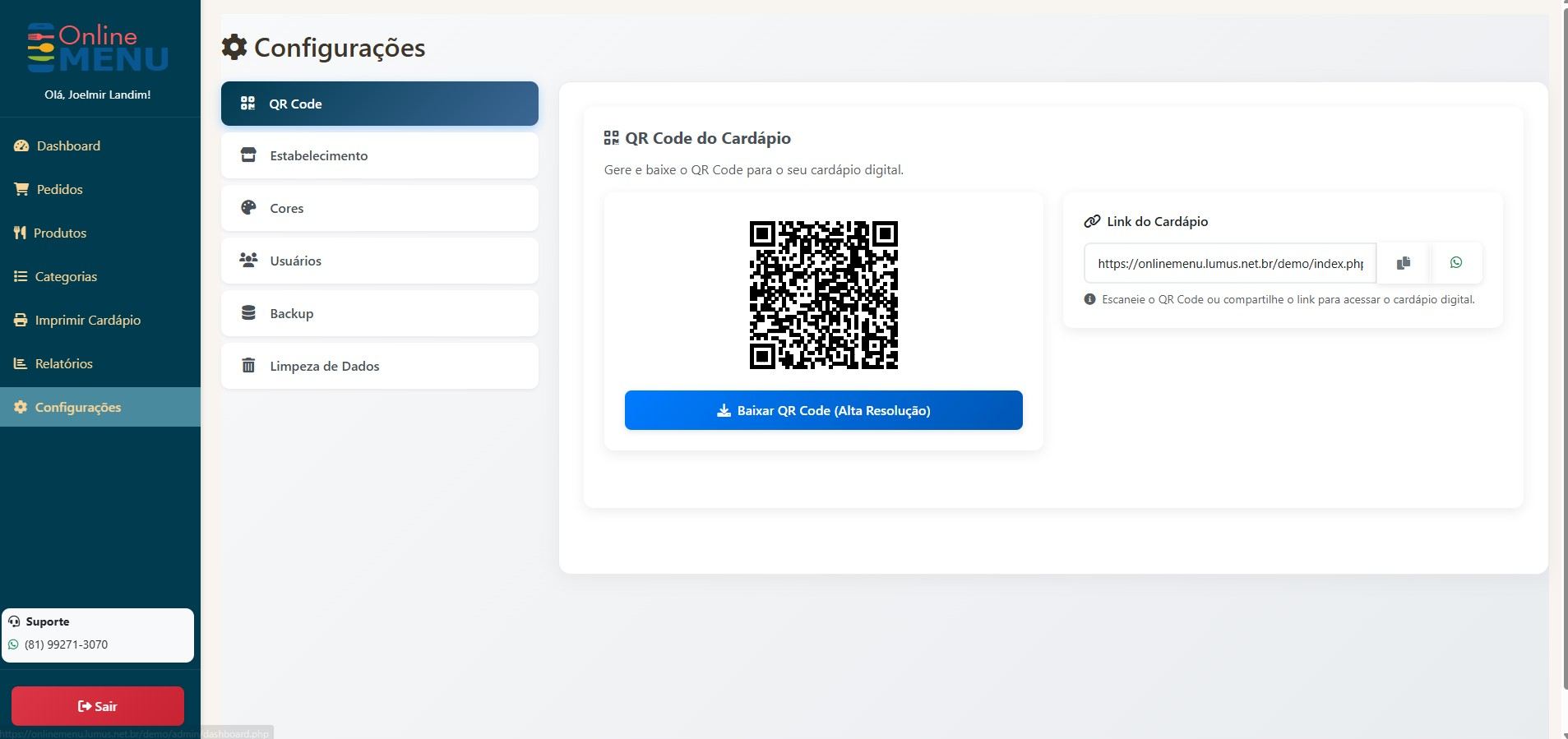 Painel admin — QR Code